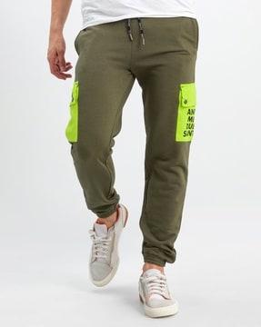 typographic print slim fit jogger pants with insert pockets