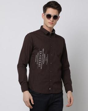 typographic print slim fit shirt with patch pocket