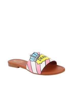 typographic print slip-on sandals