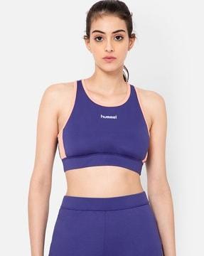 typographic print sports bra with cut-out back
