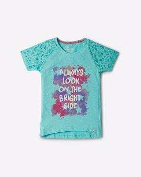 typographic print t-shirt with lace raglan sleeves