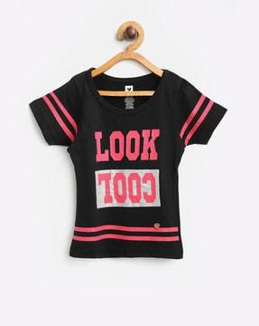 typographic print top with contrast stripes
