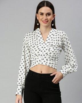 typographic print v-neck crop top