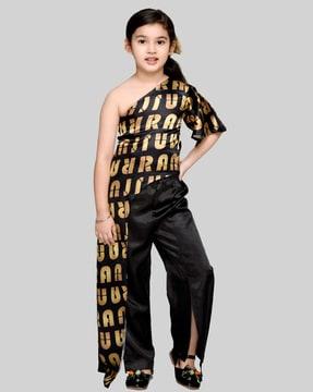 typographic print v-neck jumpsuit