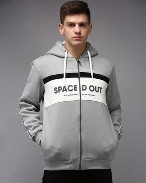 typographic print zip-front hooded sweatshirt