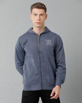 typographic print zip-front hooded sweatshirt