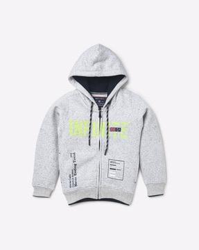 typographic print zip-front hoodie with drawstring