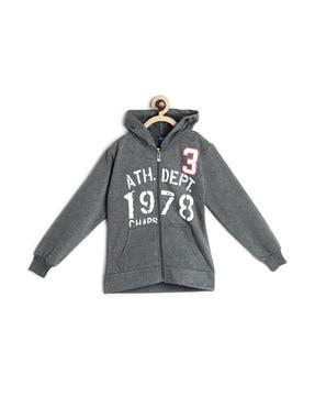 typographic print zip-front hoodie with insert pockets