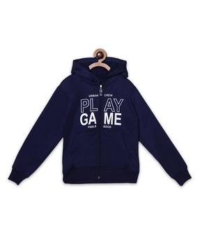 typographic print zip-front hoodie