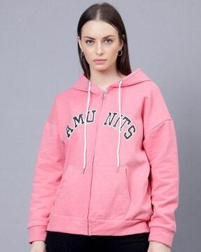 typographic print zip-front hoodie