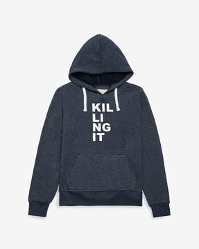 typographic printed hoodie with kangaroo pocket