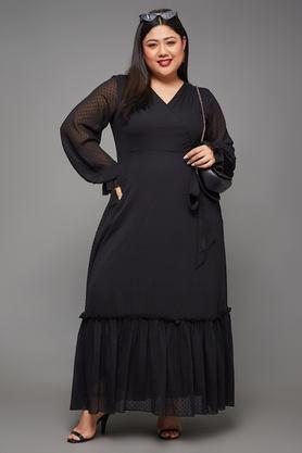 typographic v-neck chiffon women's full length dress - black