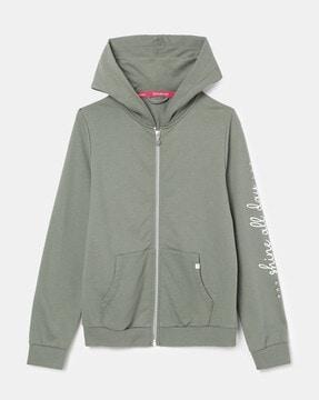 typographic zip-front hooded jacket