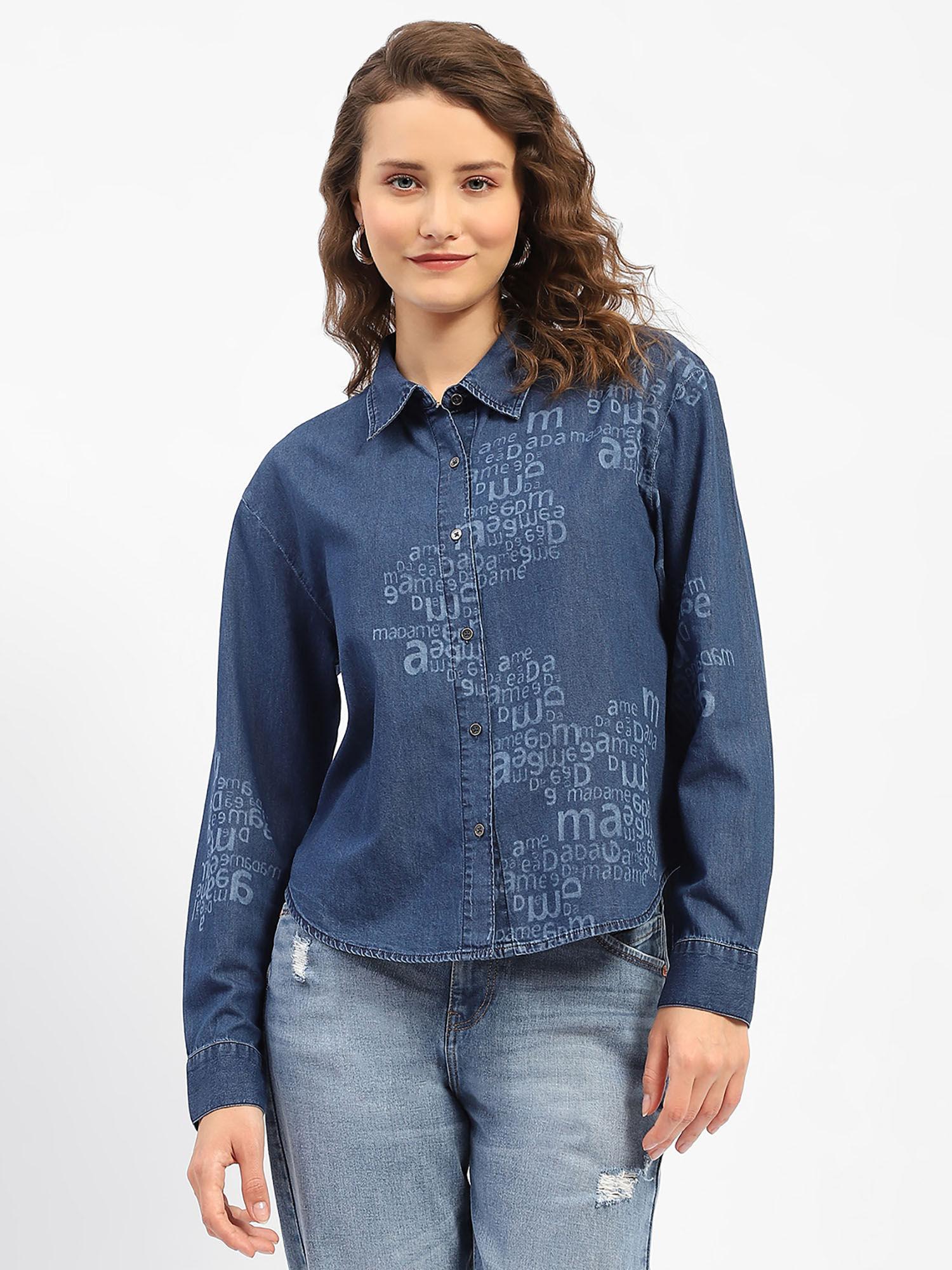 typography blue denim shirt