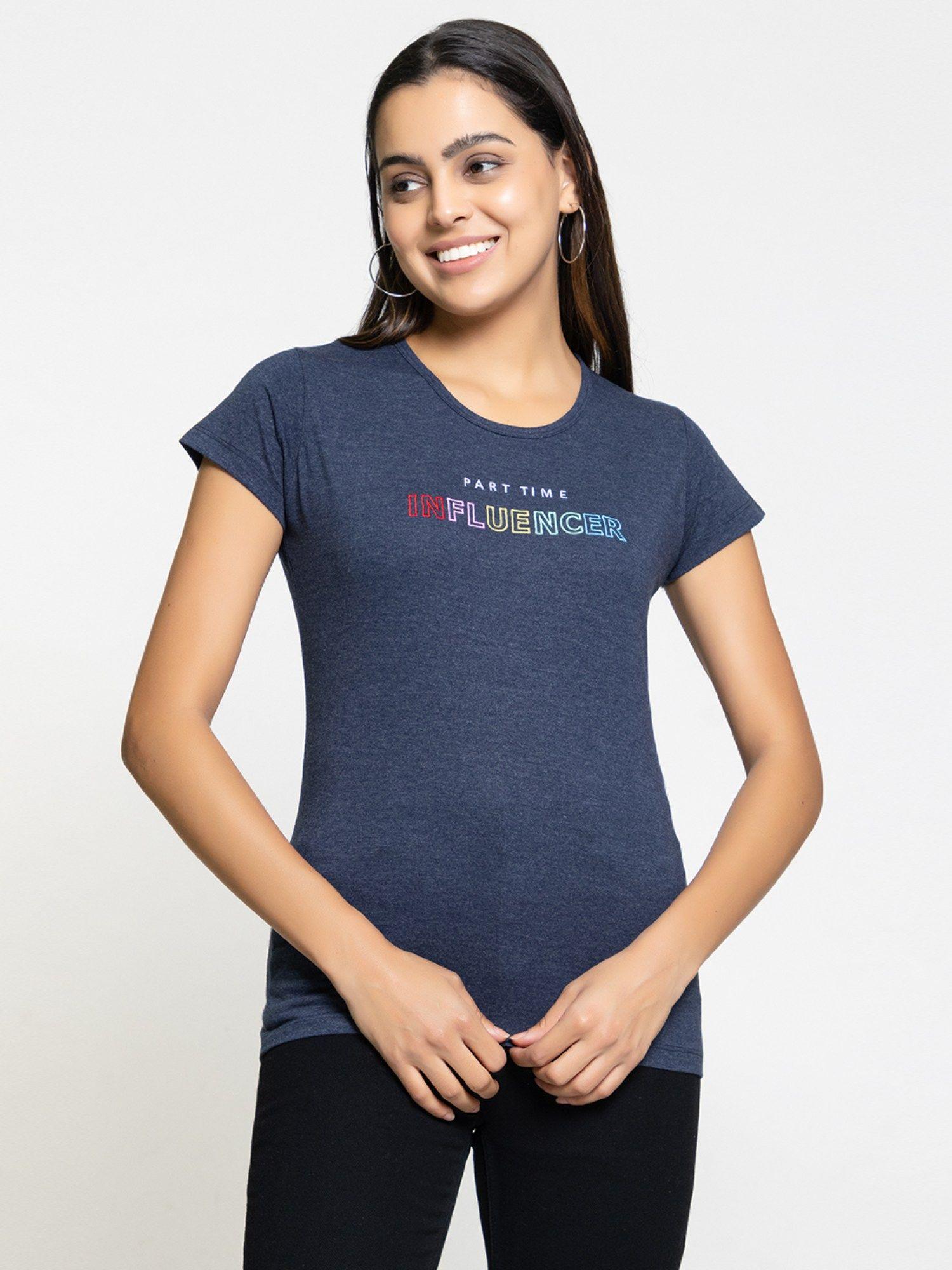 typography printed cotton blue t-shirt