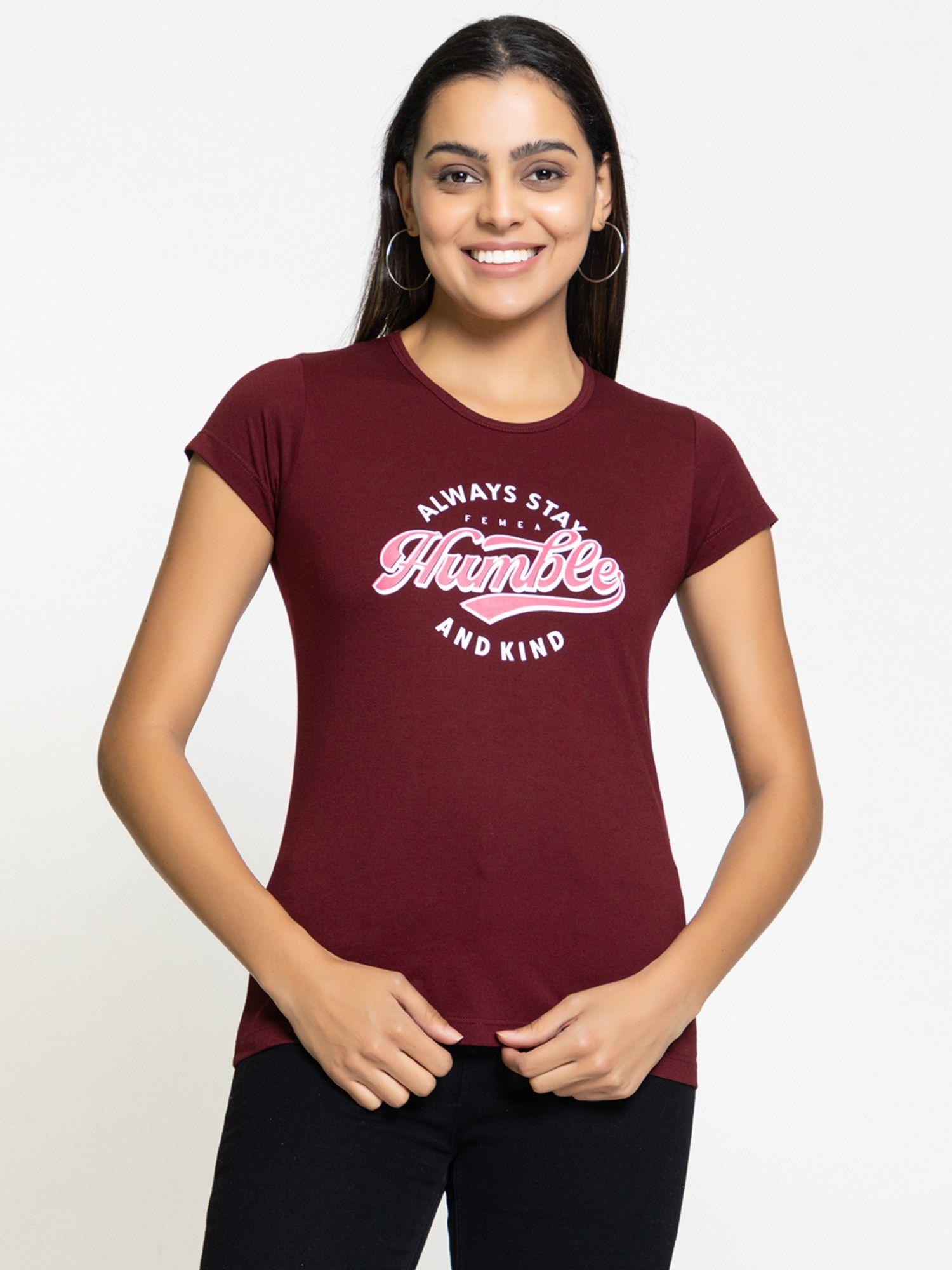 typography printed cotton wine t-shirt