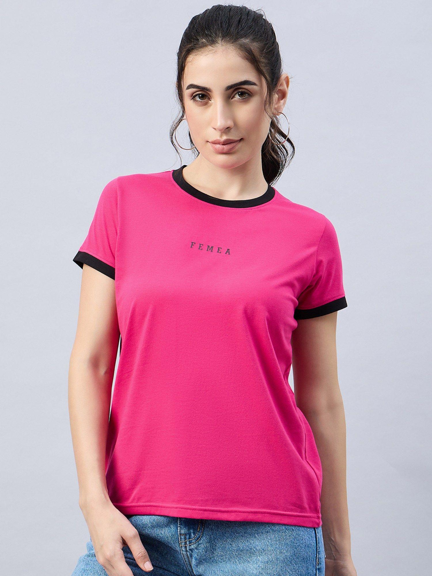 typography printed round neck pink t-shirt