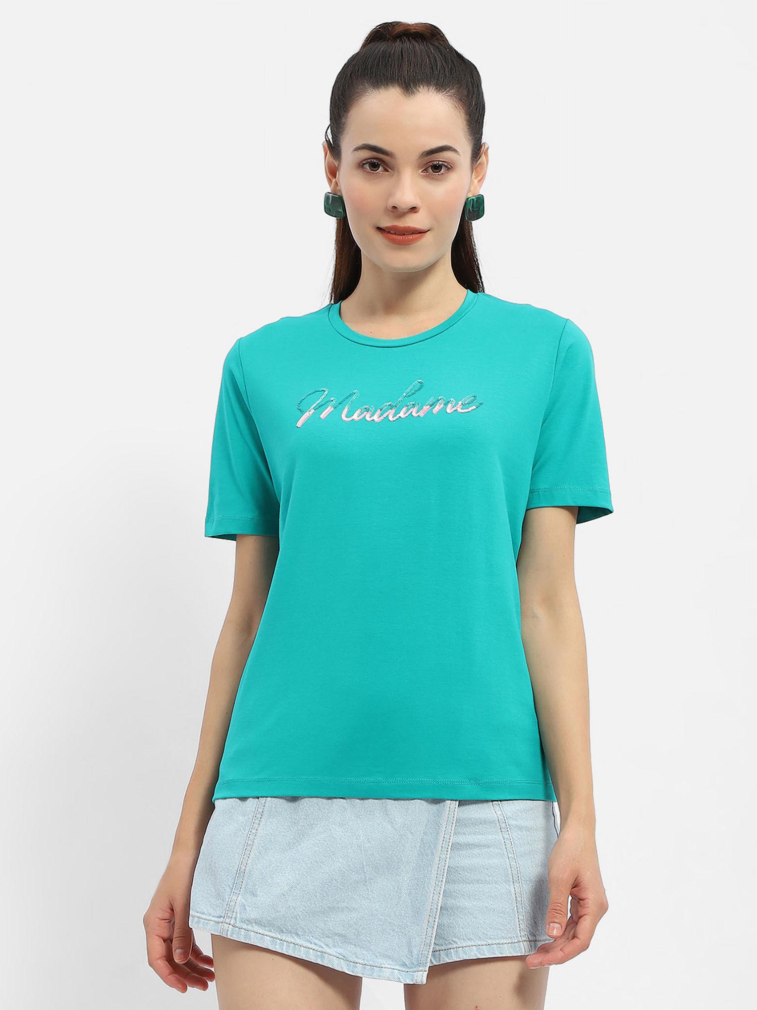 typography sea green crew neck t-shirt