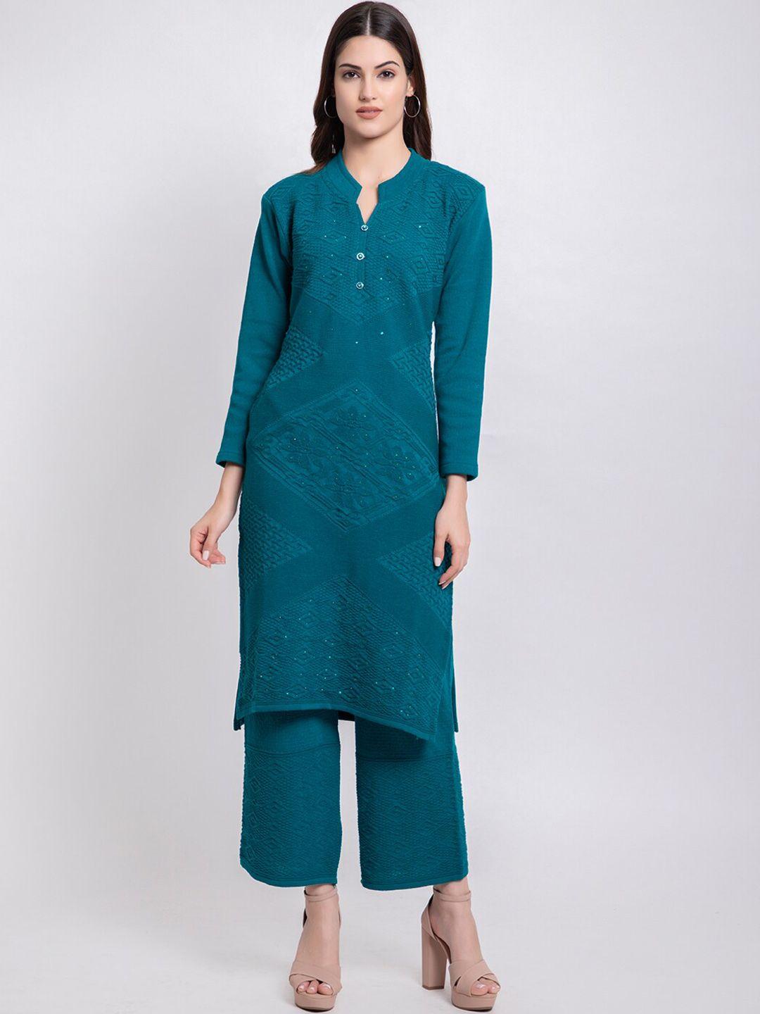 tysort women turquoise blue beads and stones kurta with palazzo