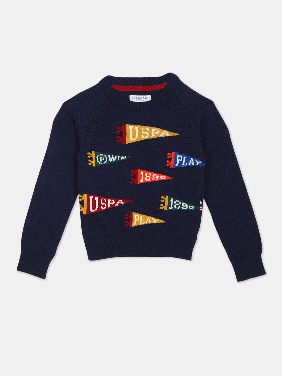 u s polo assn boys navy blue & red cotton printed sweater