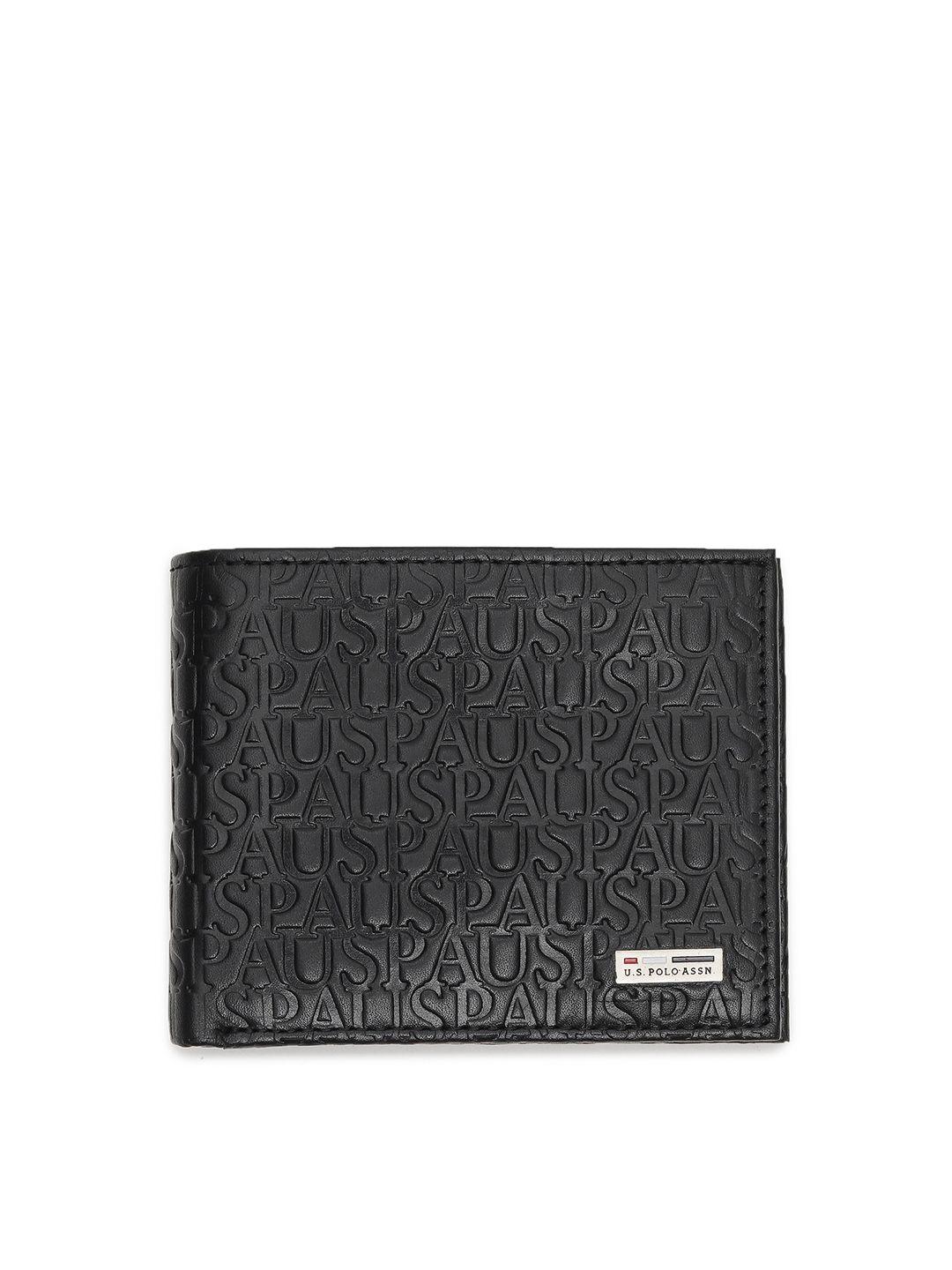 u s polo assn men black typography textured leather two fold wallet