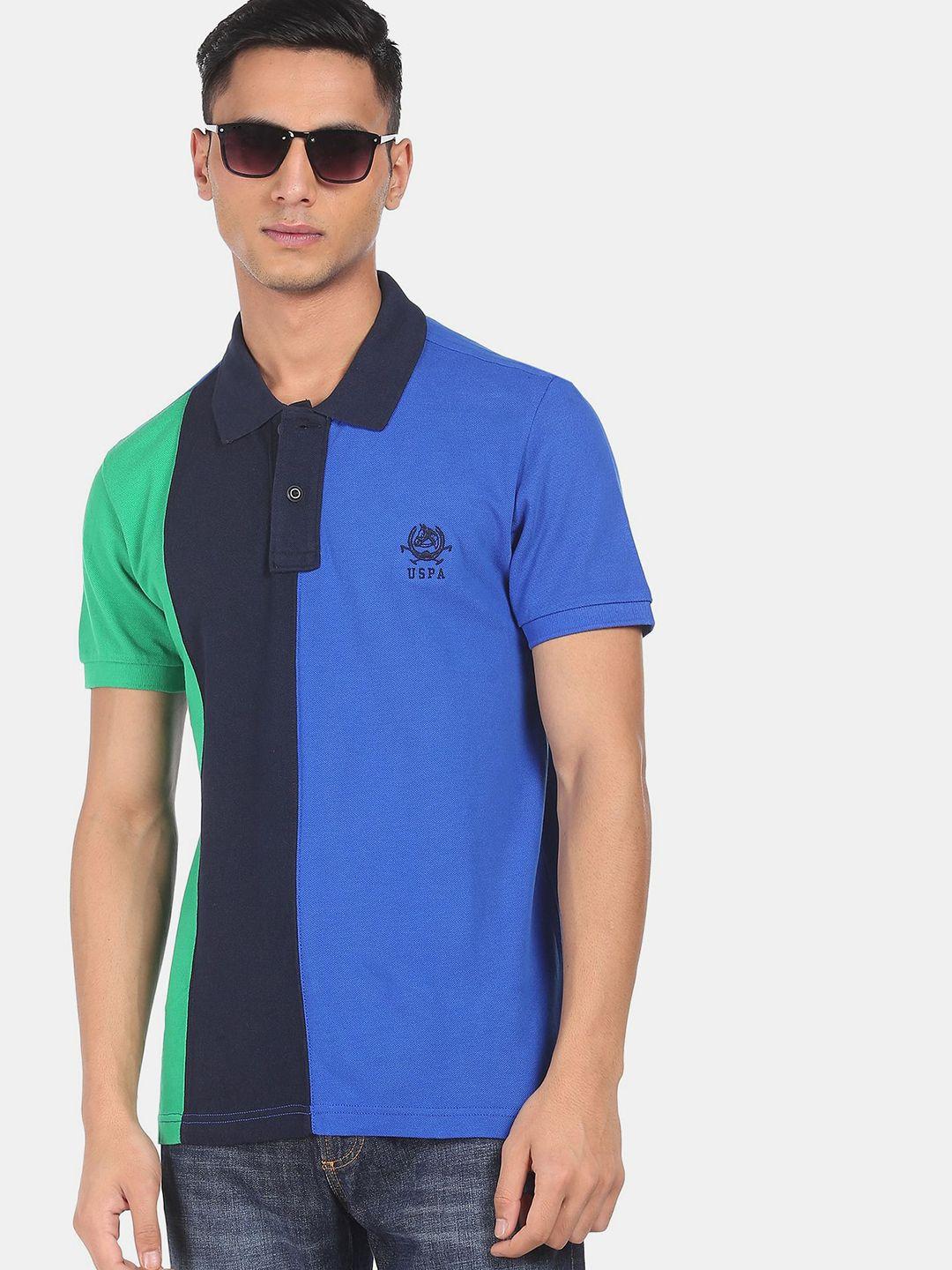 u s polo assn men blue & green colourblocked polo collar pure cotton slim fit t-shirt