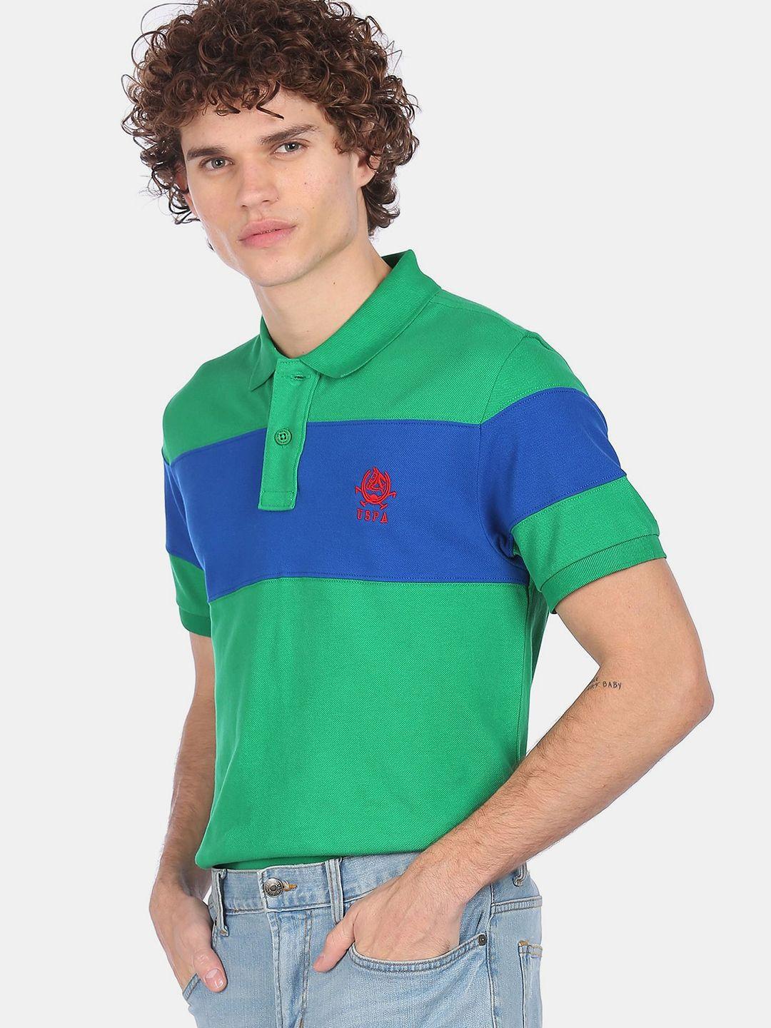 u s polo assn men green & blue colourblocked polo collar pure cotton slim fit t-shirt