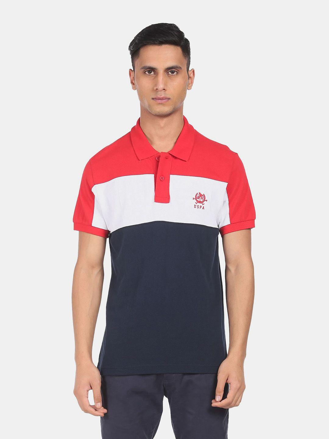 u s polo assn men red & navy blue colourblocked polo collar pure cotton slim fit t-shirt