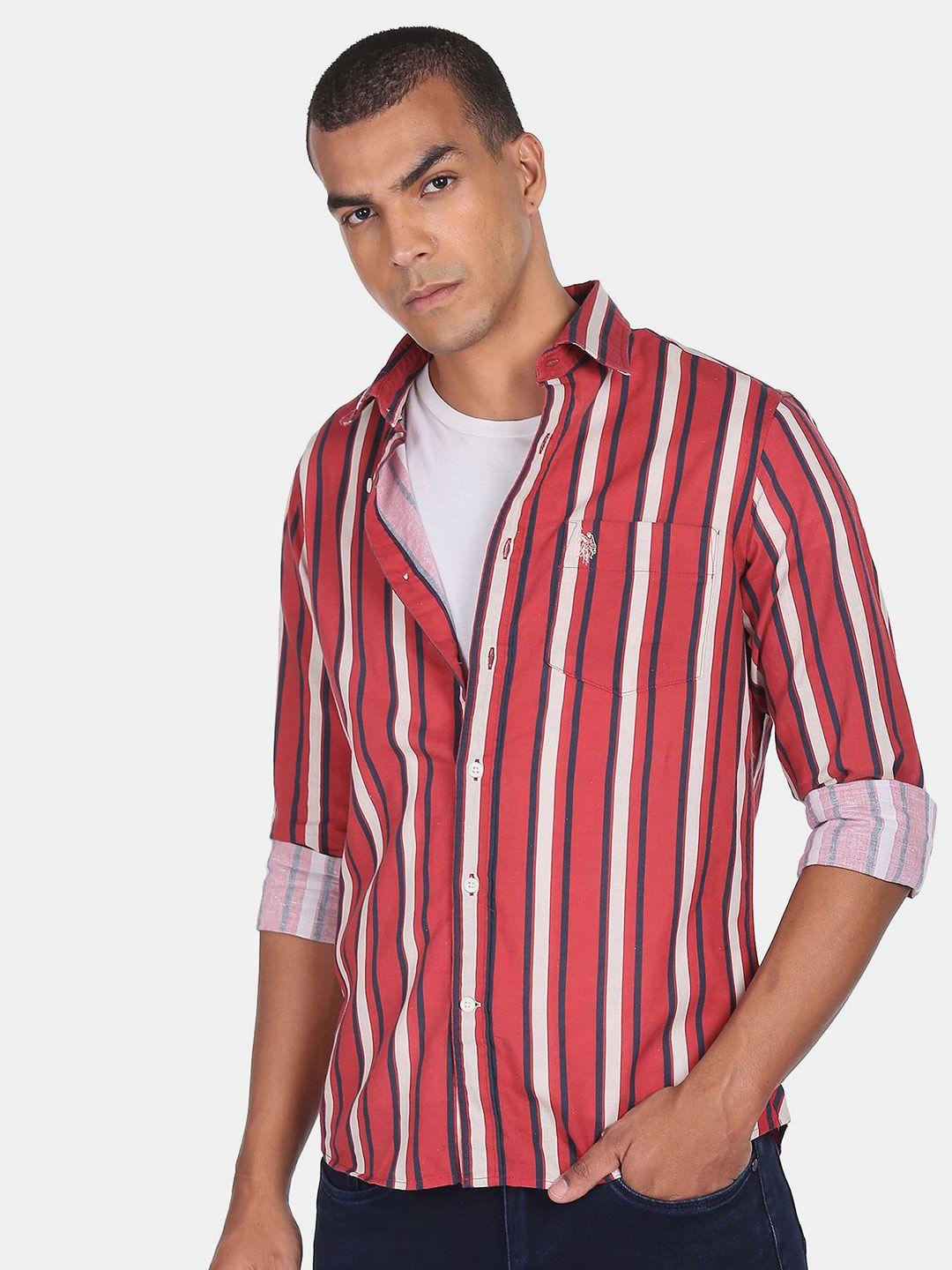 u s polo assn men red striped casual shirt 45% cotton