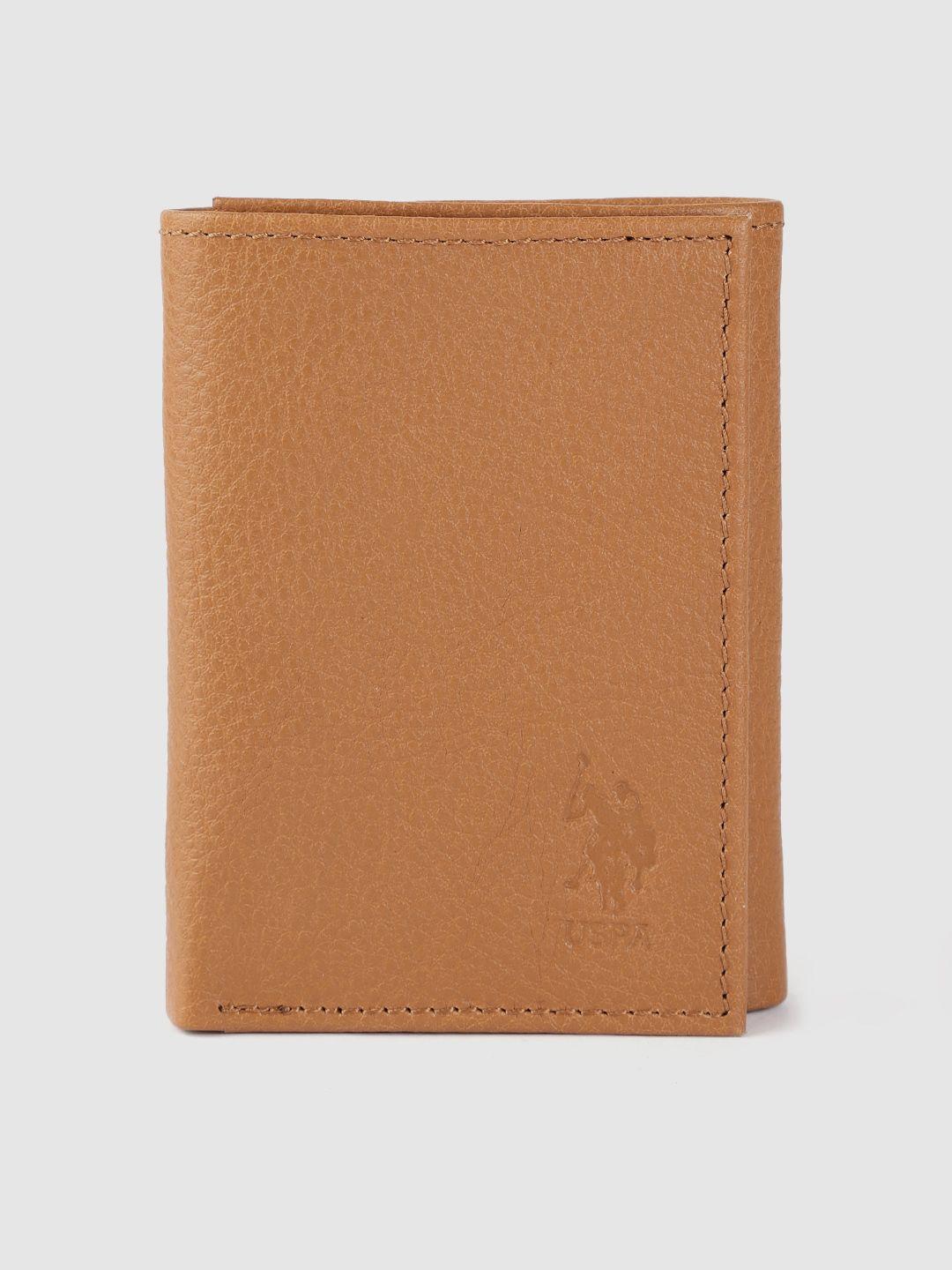 u s polo assn men tan brown solid leather three fold wallet