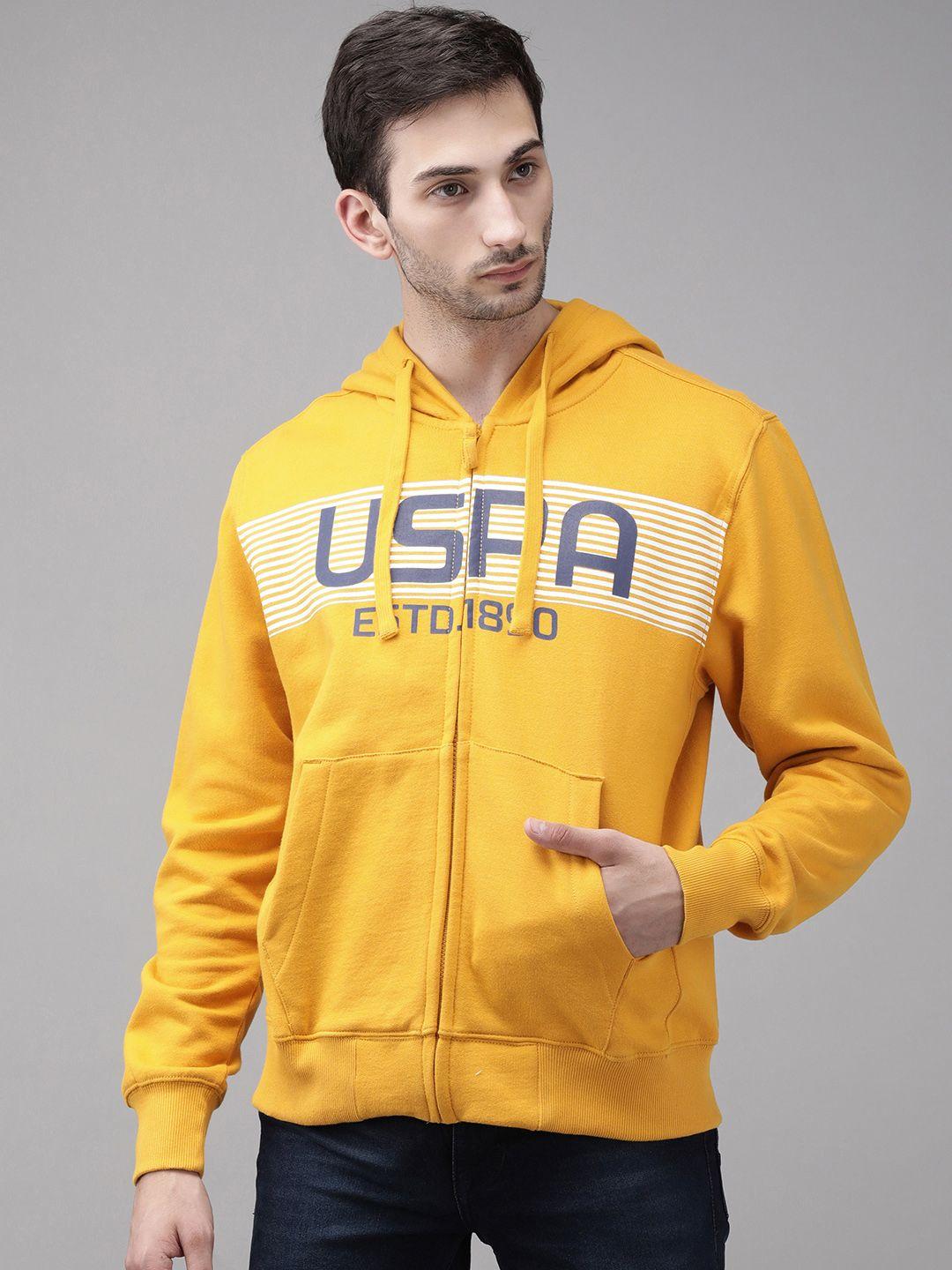 u s polo assn men yellow logo printed front-open cotton hooded sweatshirt