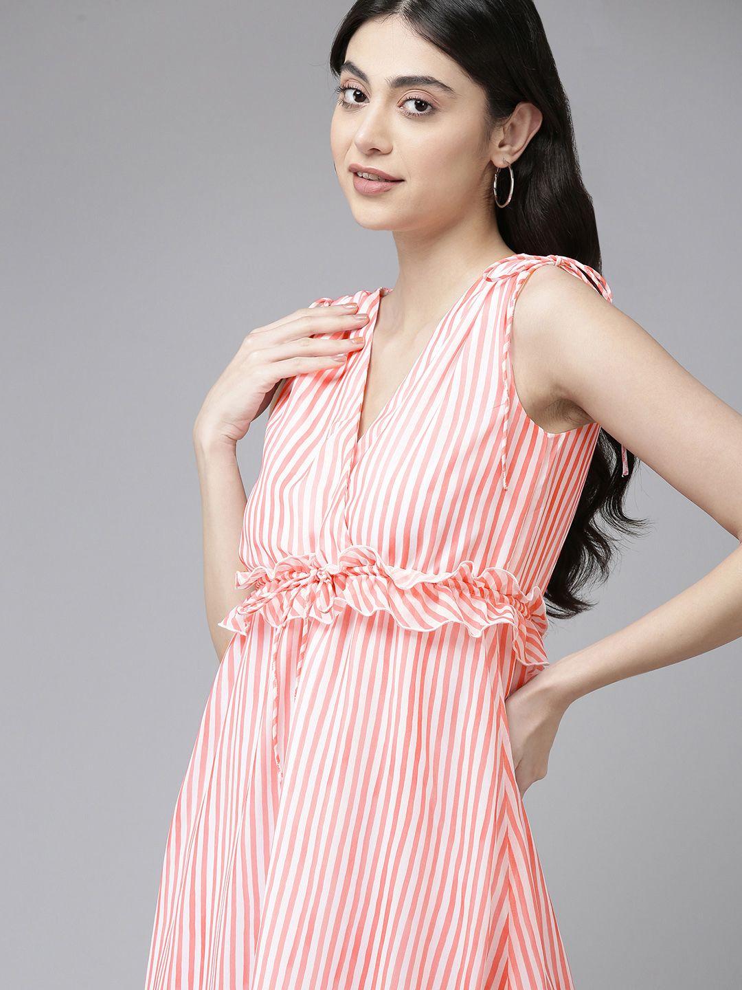 u s polo assn women white & pink striped georgette a-line dress with ruffles