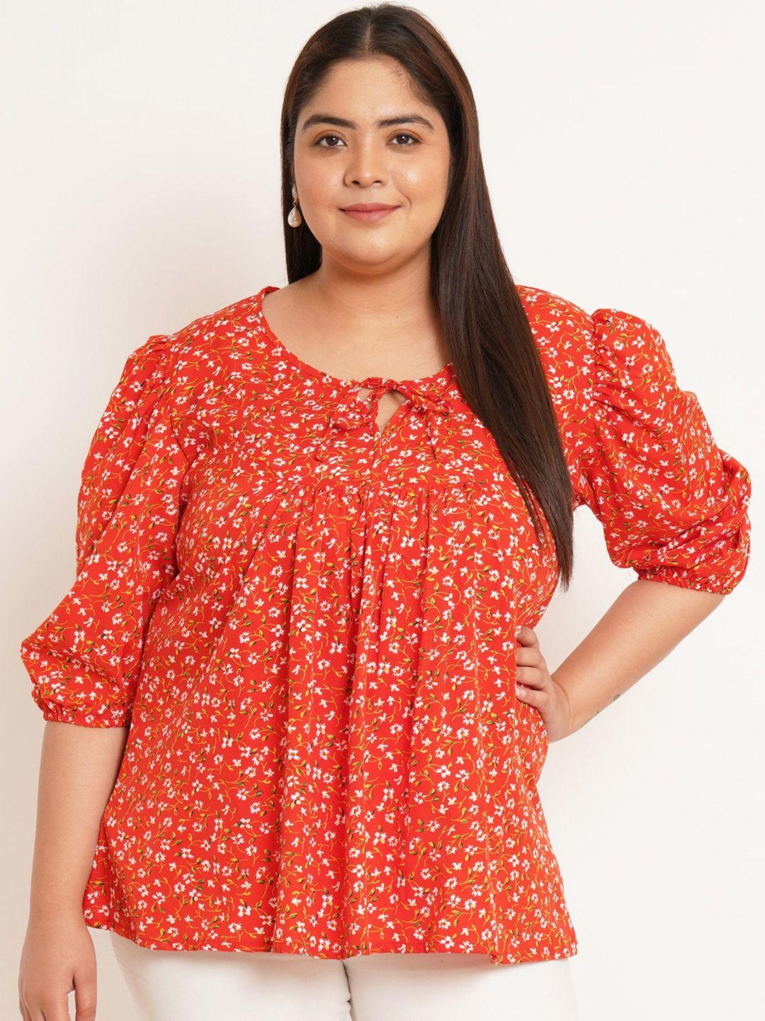 u&f beyond plus size floral printed tie-up neck puff sleeve gathered or pleated top