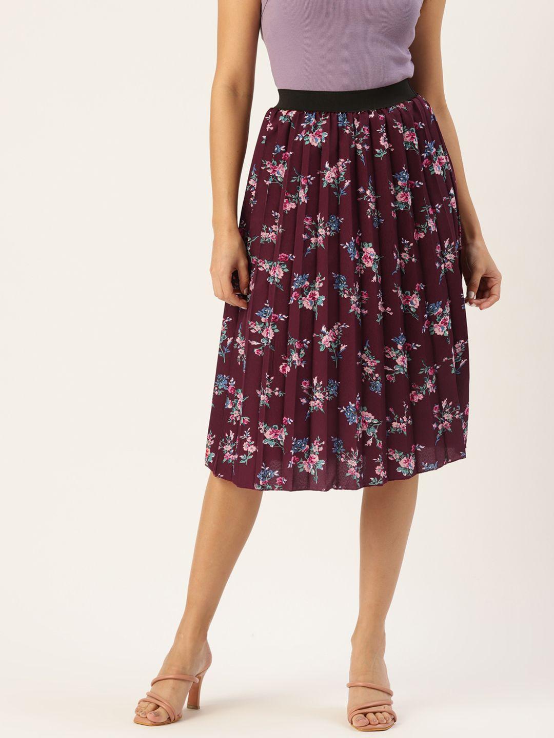 u&f women floral print flared pleated a-line midi skirt