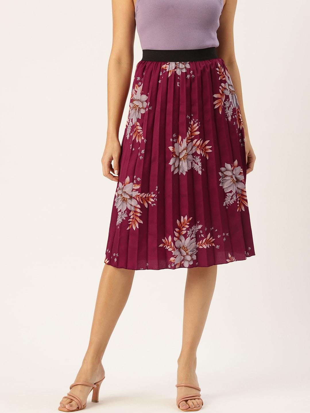 u&f women floral print flared pleated a-line midi skirt