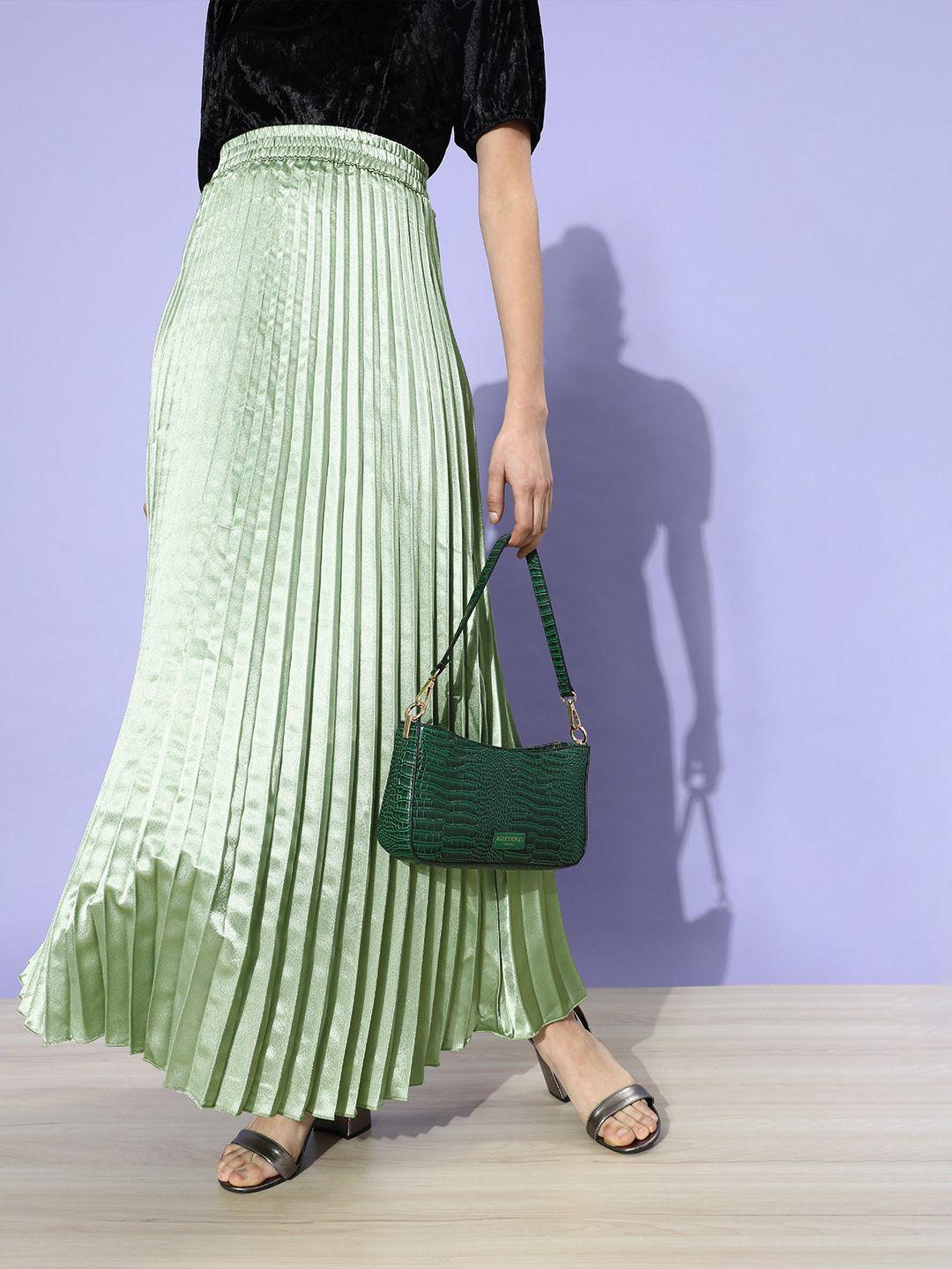 u&f women green solid pleated skirt