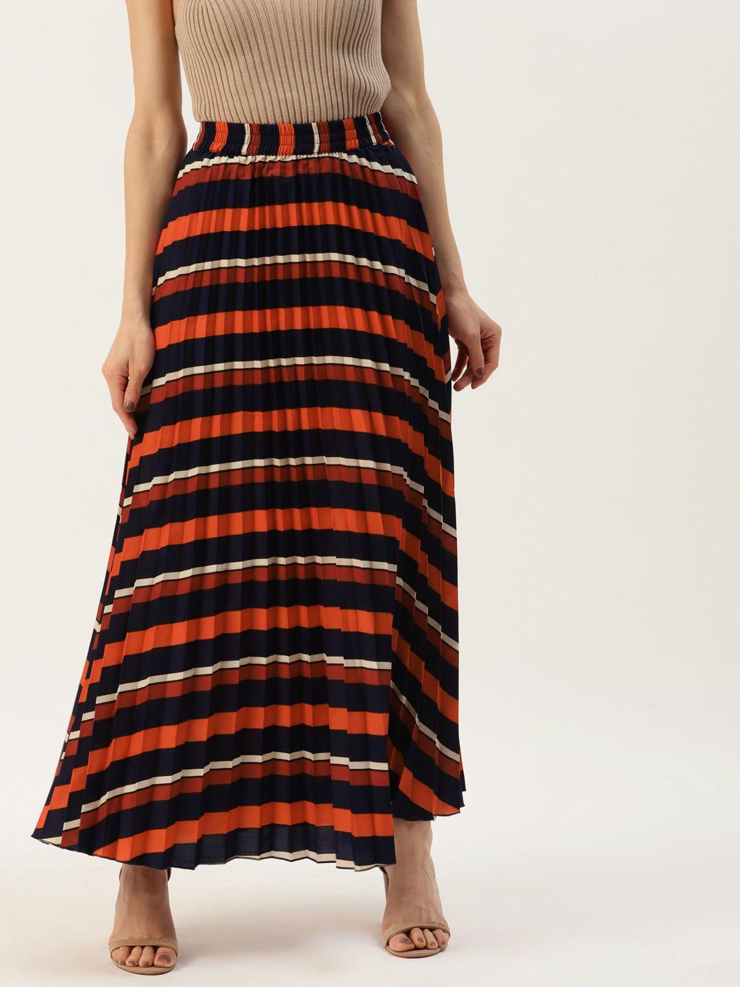 u&f women navy blue & rust-orange striped maxi skirt