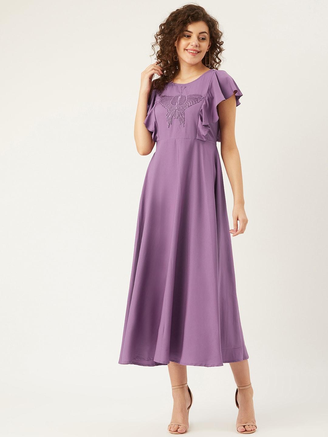 u&f women purple butterfly embroidered yoke design ruffled maxi dress