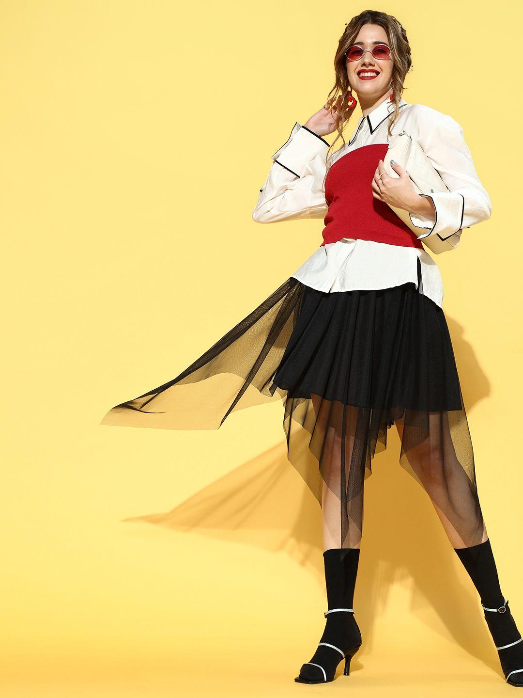 u&f women stylish black solid asymmetric skirt