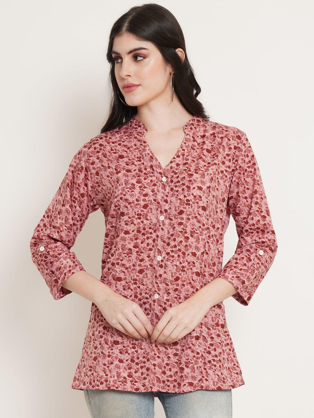 u&f beyond pink floral print mandarin collar crepe shirt style top