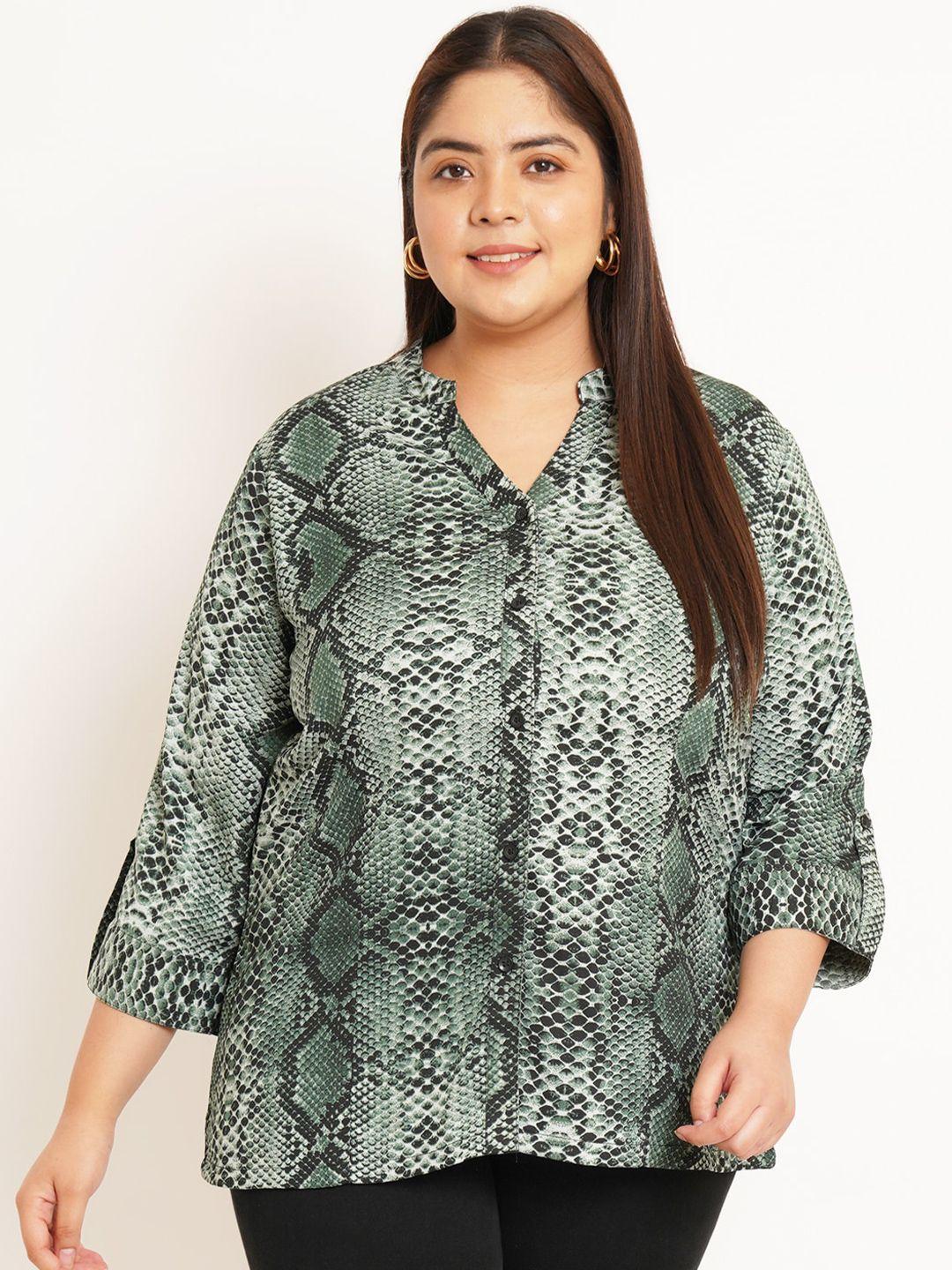 u&f beyond plus size abstract printed mandarin collar roll-up sleeves shirt style top