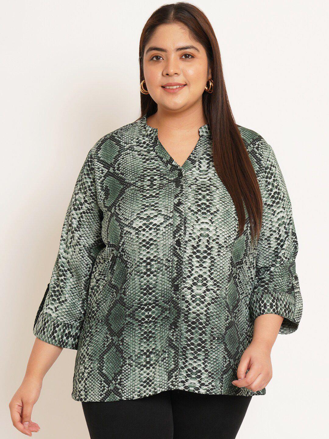 u&f beyond plus size abstract printed mandarin collar roll-up sleeves shirt style top