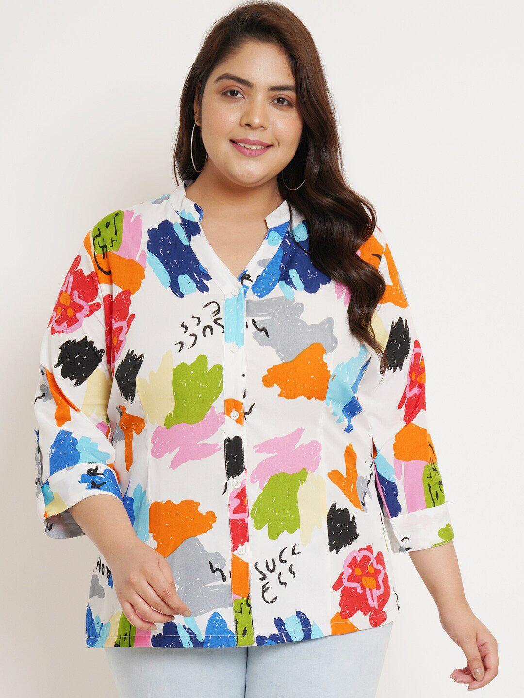 u&f beyond plus size abstract printed mandarin collar shirt style top