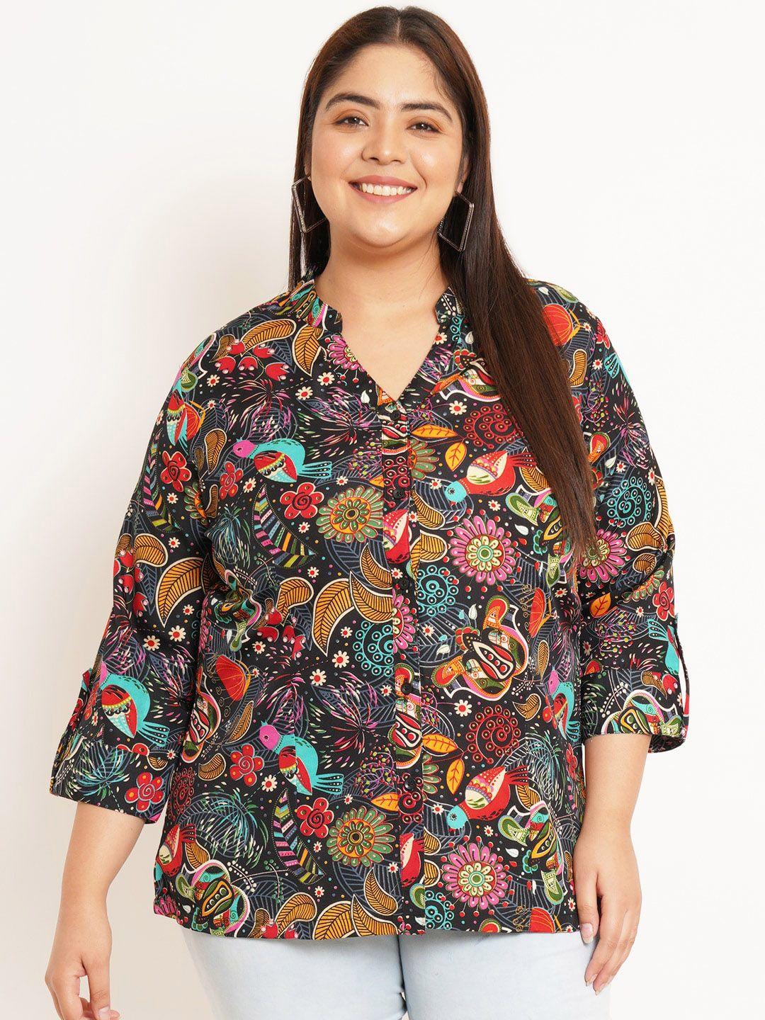 u&f beyond plus size ethnic motifs printed mandarin collar roll-up sleeves shirt style top