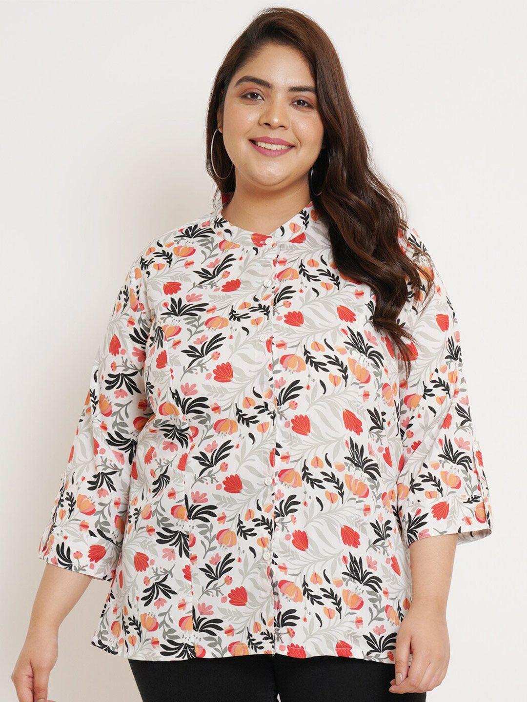u&f beyond plus size floral printed mandarin collar roll-up sleeves shirt style top