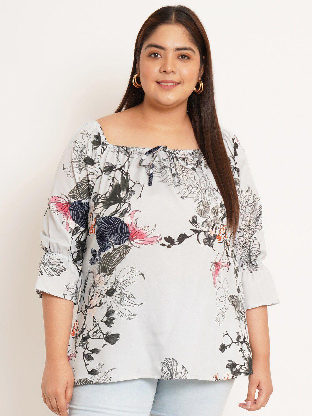 u&f beyond plus size floral printed square neck puffed sleeves tie-ups top