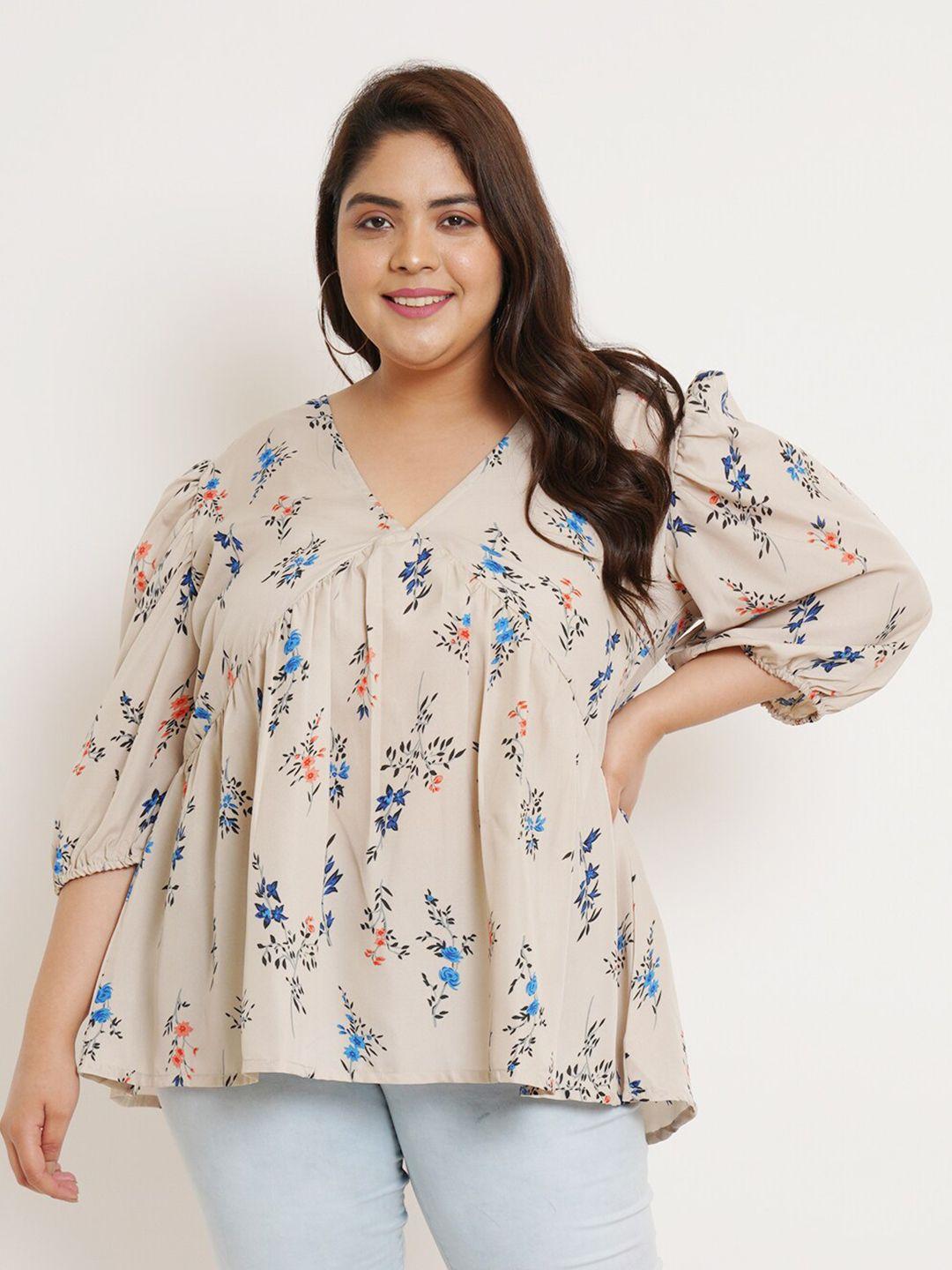 u&f beyond plus size floral printed v-neck puff sleeves empire top