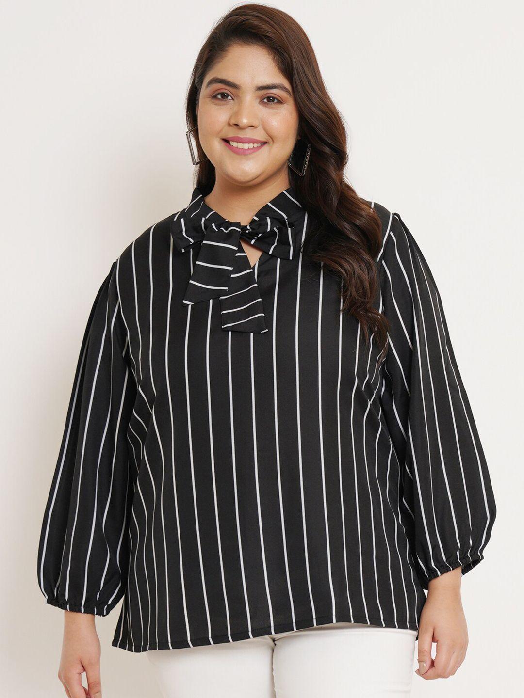 u&f beyond plus size vertical striped tie-up neck puff sleeves top