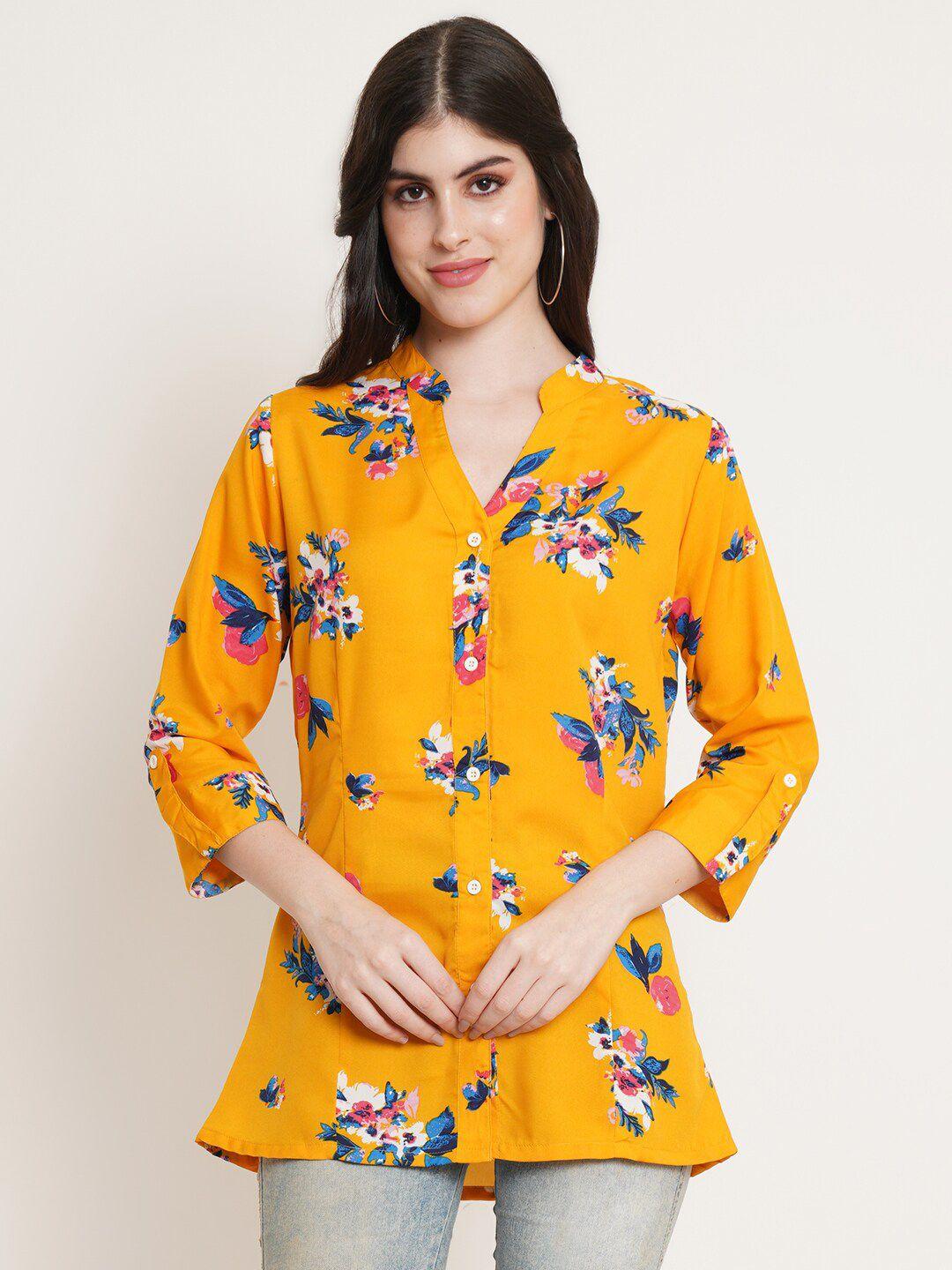 u&f beyond yellow floral print mandarin collar crepe shirt style top