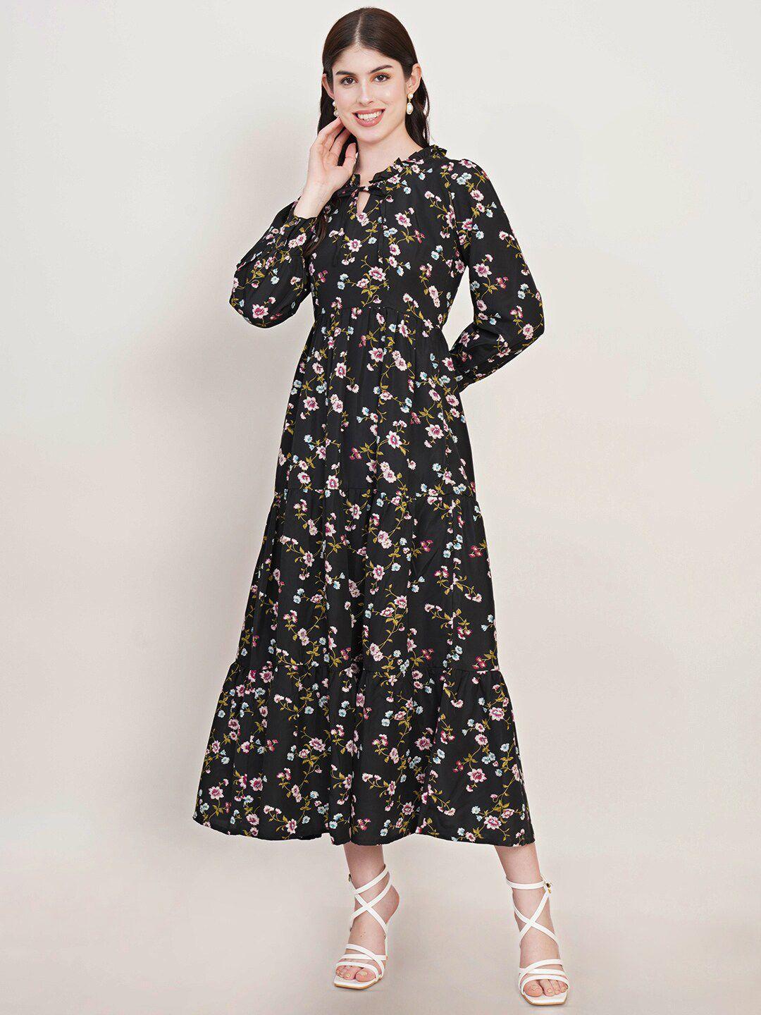 u&f floral printed tie-up neck cuffed sleeves fit & flare maxi dress